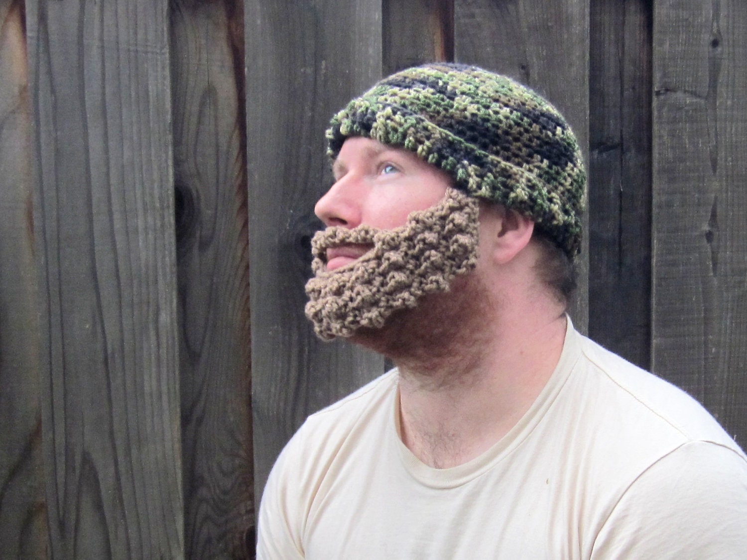 Beard Hat (crochet camo camouflage hat with detachable light brown beard attachment)