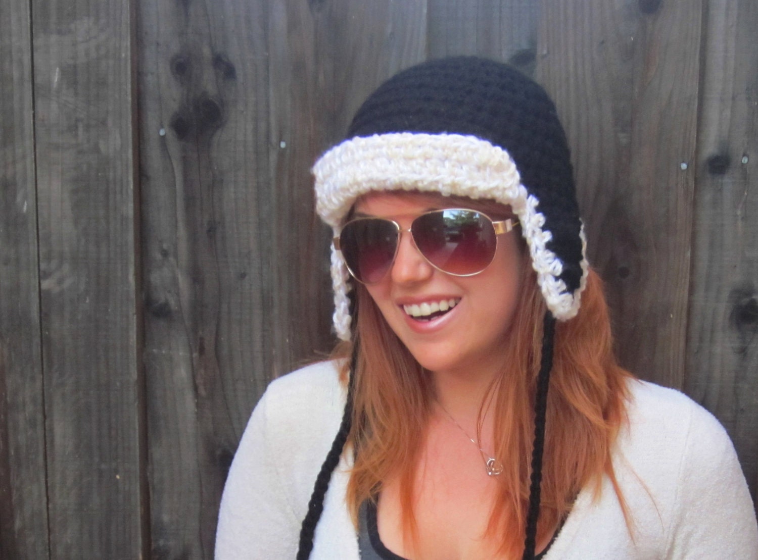 Aviator Hat, Black with Cream Brim (crochet ear-flap hat)