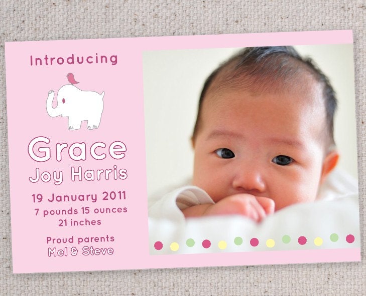 Baby elephant birth announcement. Printable photo card. Customized design.