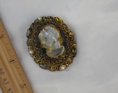 W. Germany Filagree Cameo Brooch with Rhinestones and Simulated Pearls