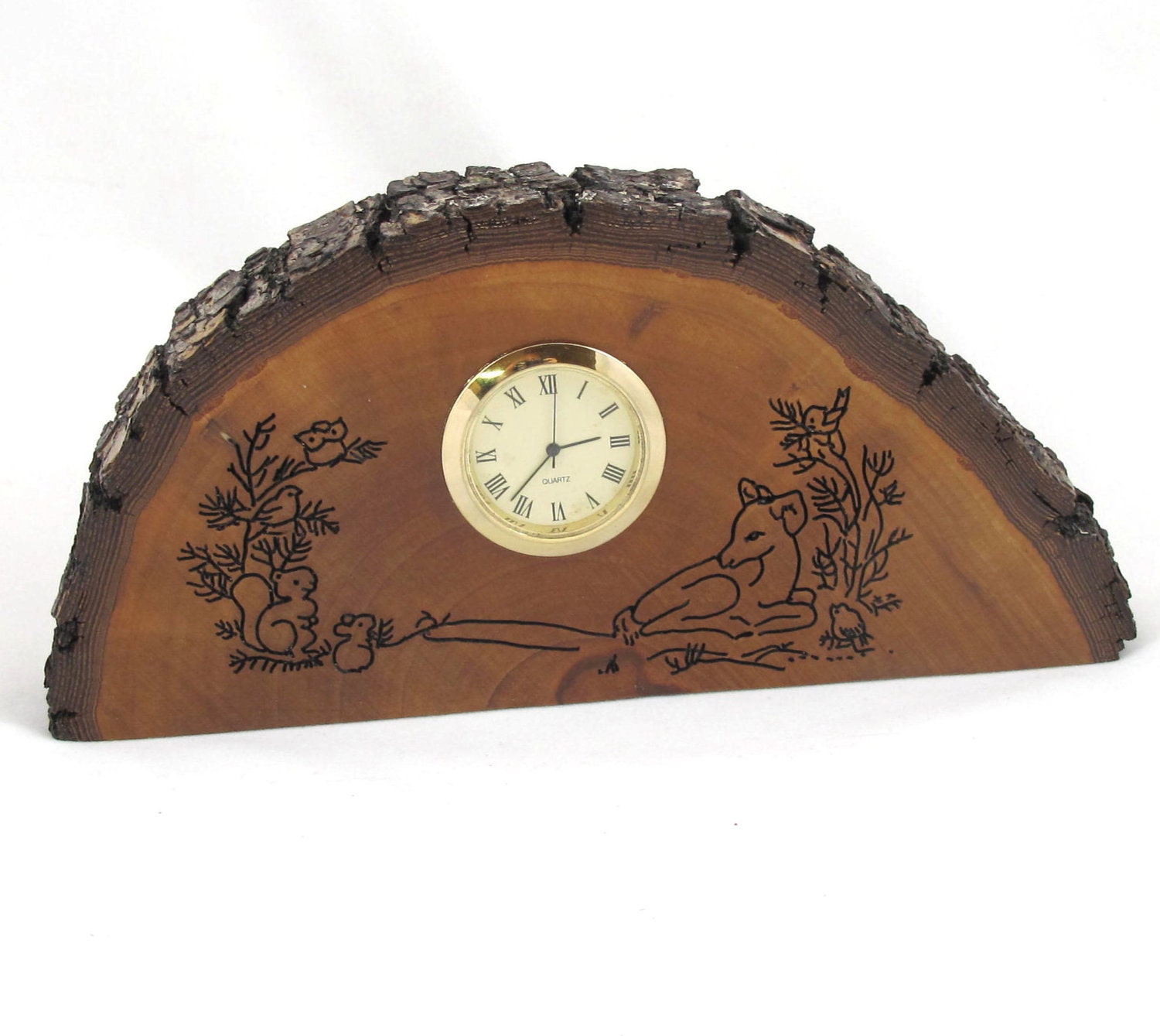 SALE PRICED - Wood Desk Clock - Deer & Squirrel - Bradford Pear with Natural Bark Edge