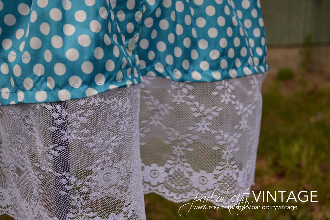 The Abbey Dress - Vintage Polka Dot Dress in Light Blue with White Lace Detailing
