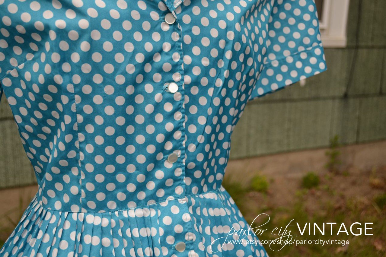 The Abbey Dress - Vintage Polka Dot Dress in Light Blue with White Lace Detailing