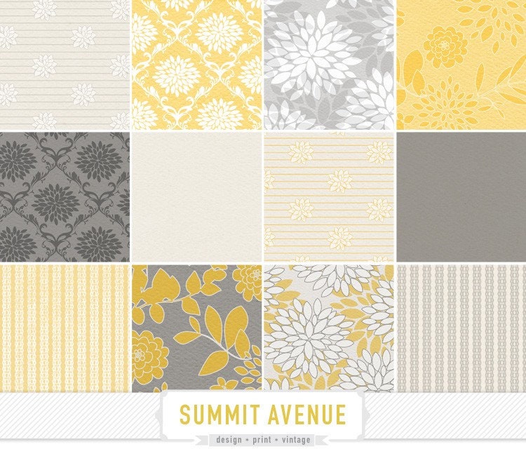 INSTANT DOWNLOAD digital scrapbook paper pack - 13 mustard & grey garden damask designs