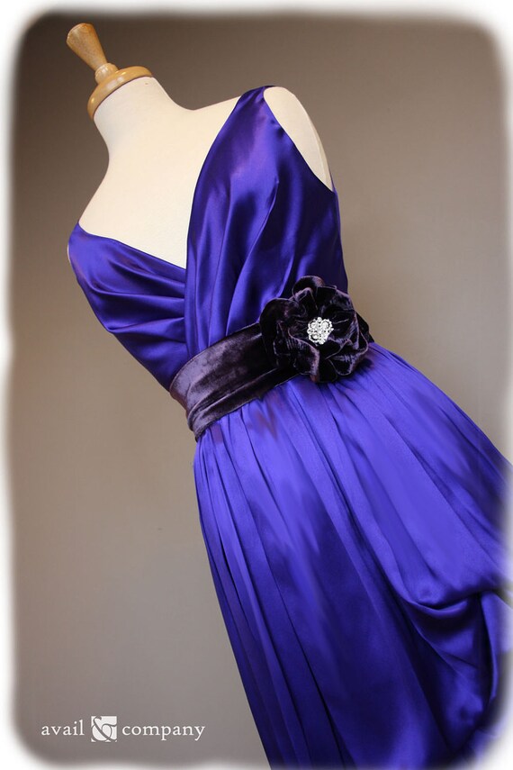 Purple Bridesmaid Dress with Low Back in Silk Charmeuse and Velvet, Custom Made in your size and color