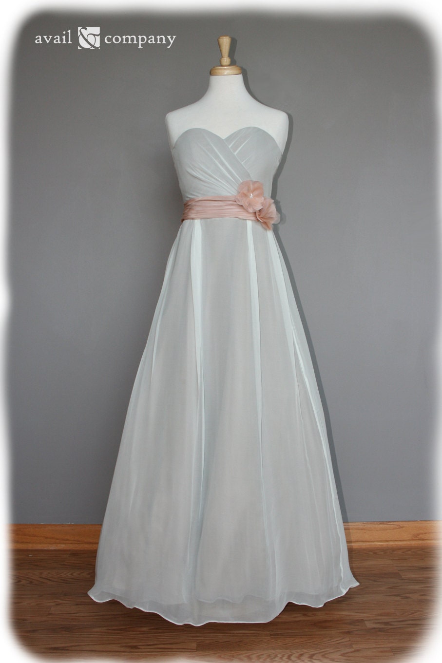 Strapless Vintage Style Silk Chiffon Dress with Fabric Flowers, Custom Made in your size