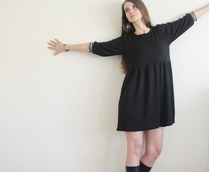 Short Winter Knit Dress Dark Charcoal Round Neck Half Long Sleeve Loosy Dress