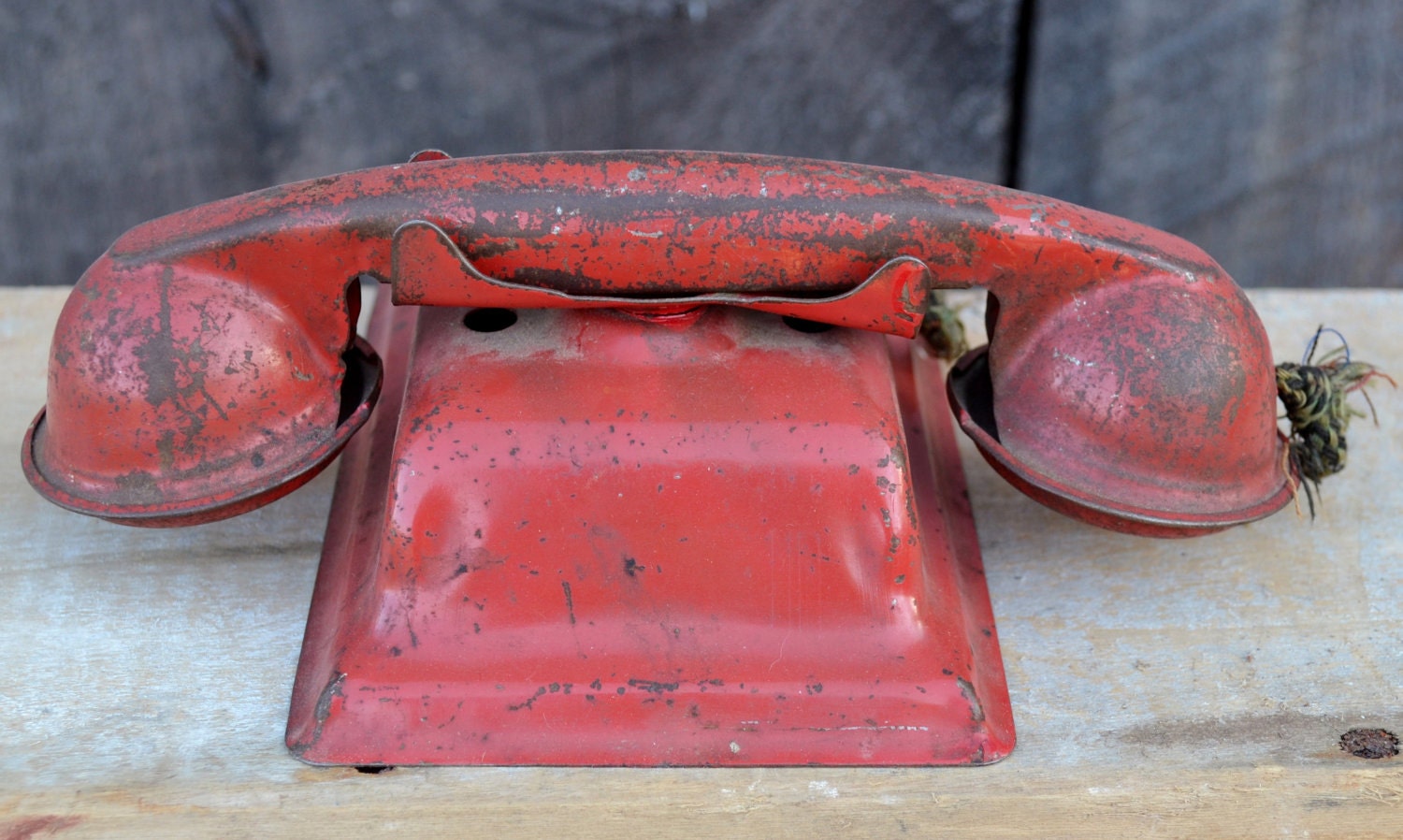 Toy Telephone Metal Red 1940's Dial Bell Chippy Shabby Collectible