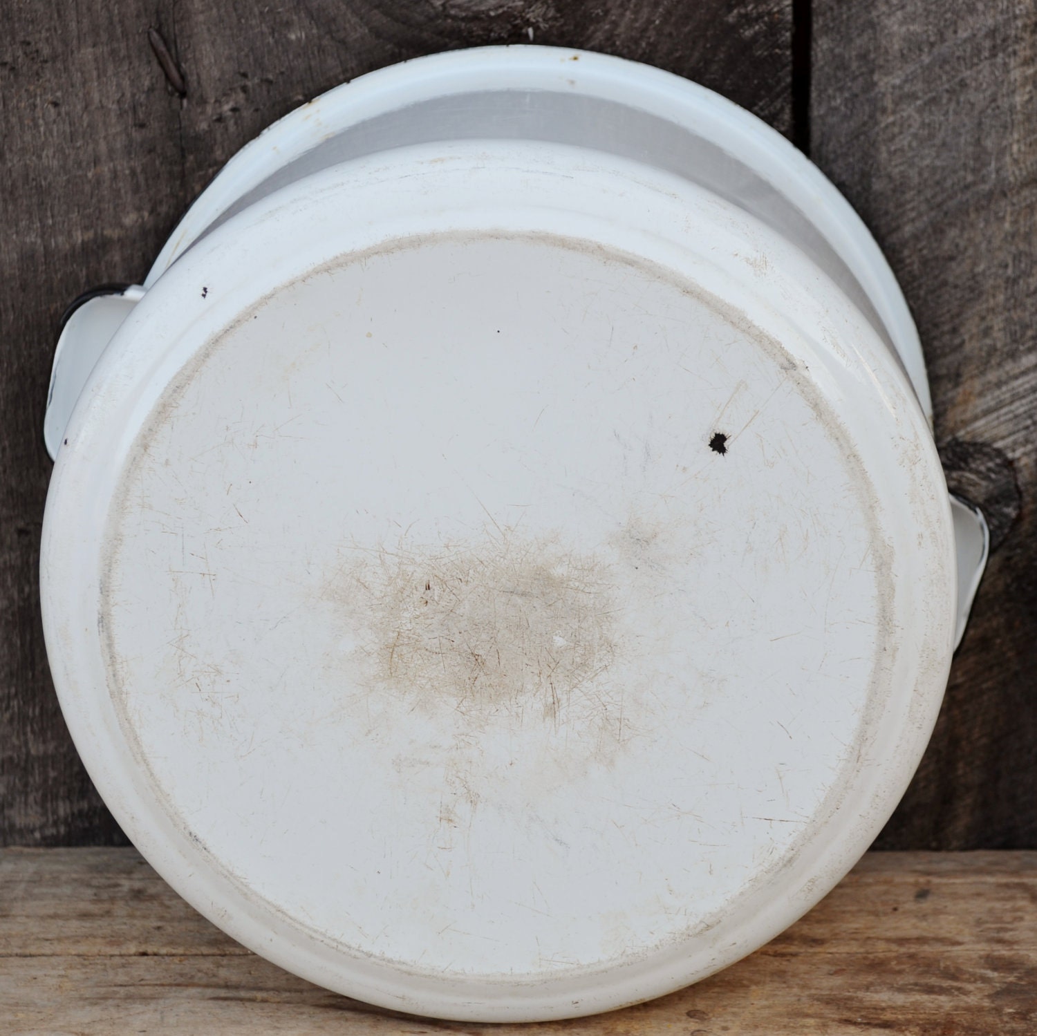 Enamelware Stock Pot Lid Vintage White Black Trim Large Soup Pot