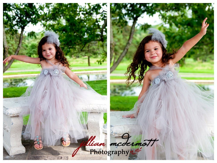 Vintage Collection.Grey tulle dress with silver handrolled rosettes and button embellishments. Headband sold separately.