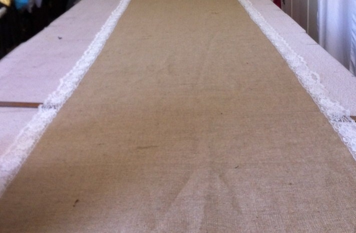 Burlap Custom Made Aisle Runner 50 ft with Ivory lace border on both sides