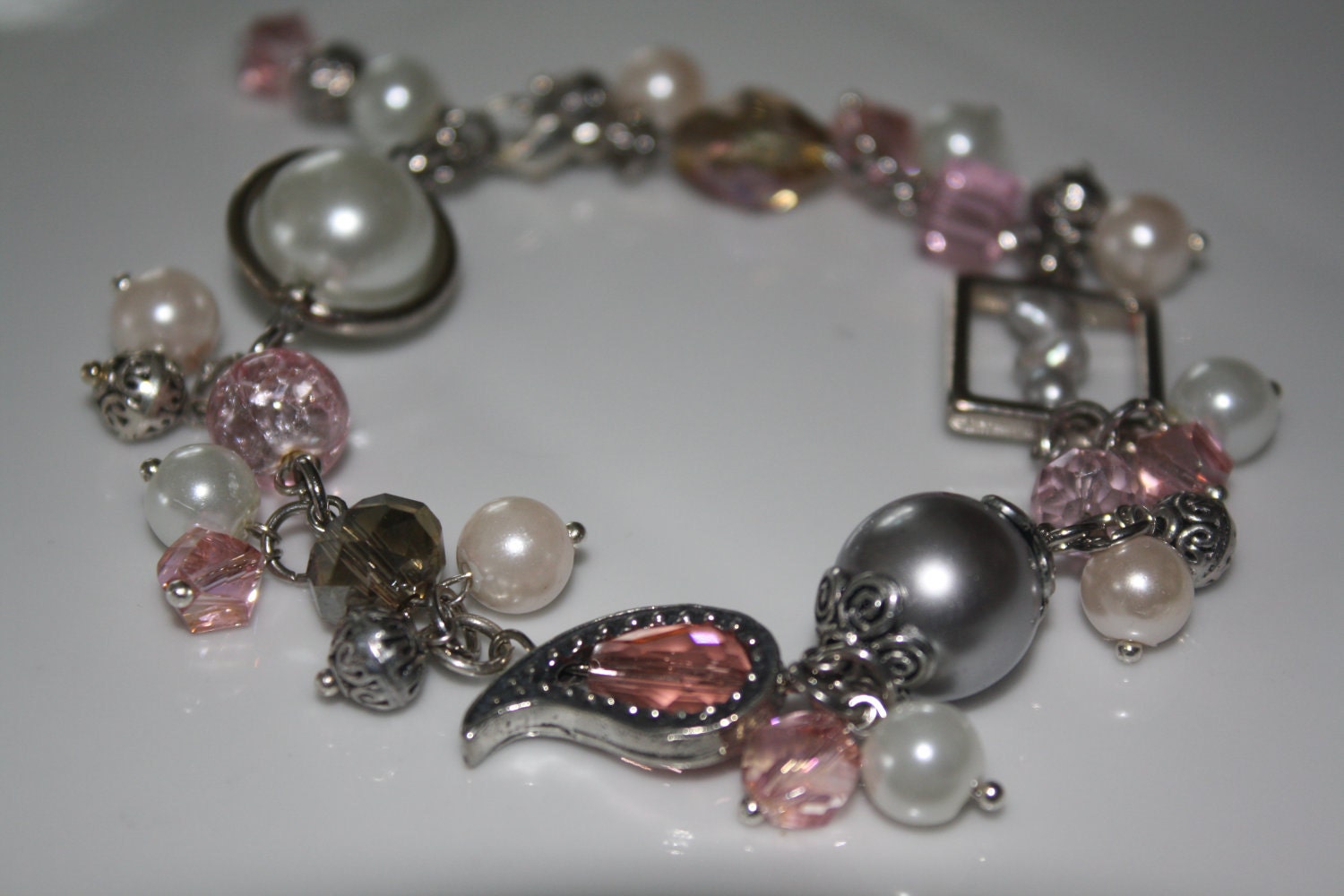 Romantic pink, grey and silver charm bracelet