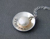Hand Stamped Mommy Nana Grandma Necklace Domed with Coin Pearl