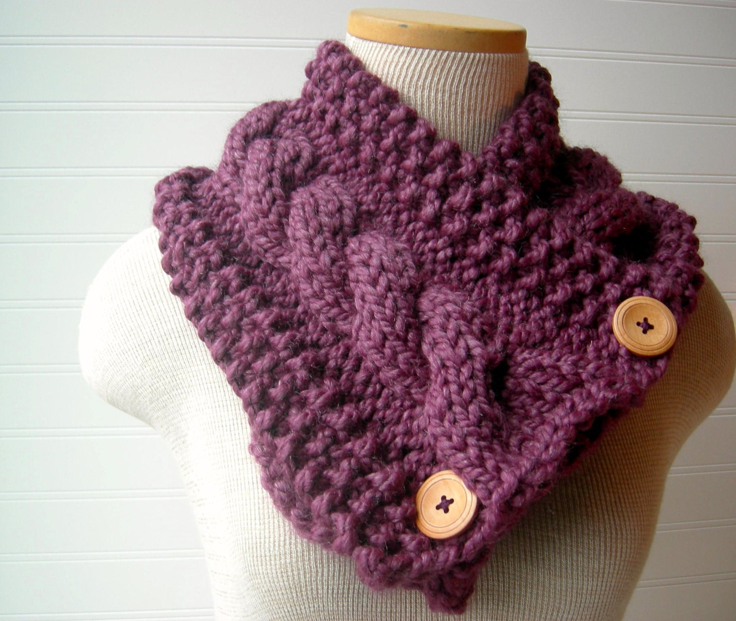 Purple Fig Chunky Knitted Scarf, Button Cowl, Fashion Scarf