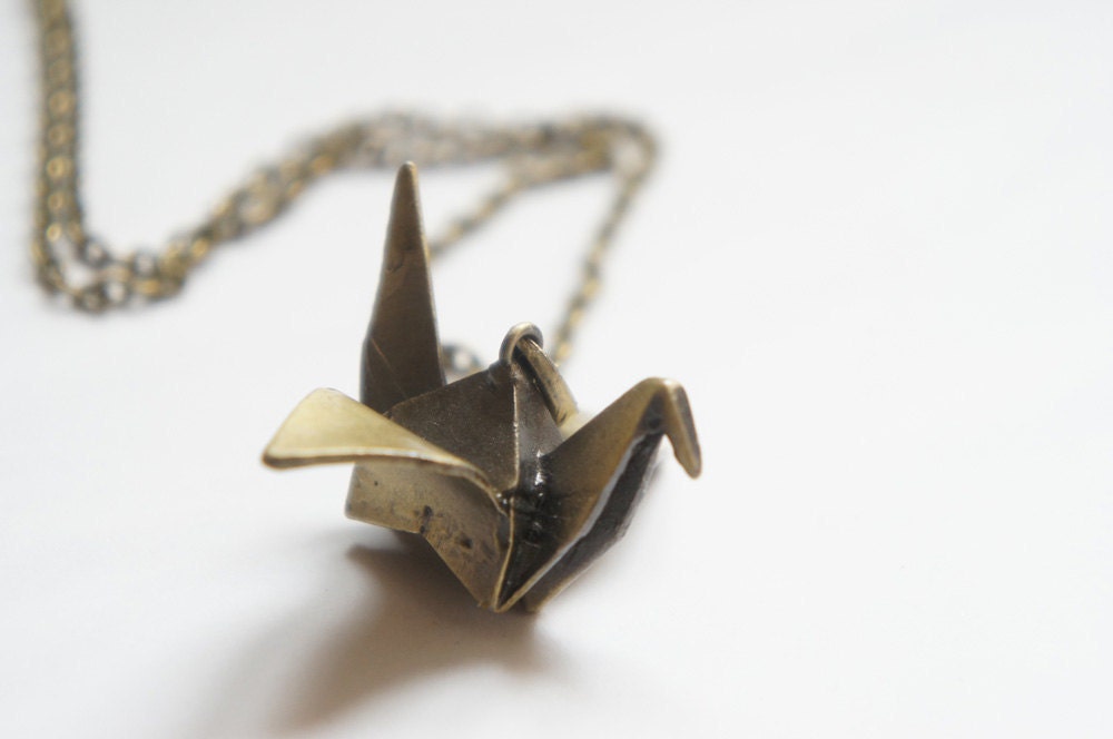 Vintage Style Antiqued Brass Origami Bird Long Necklace