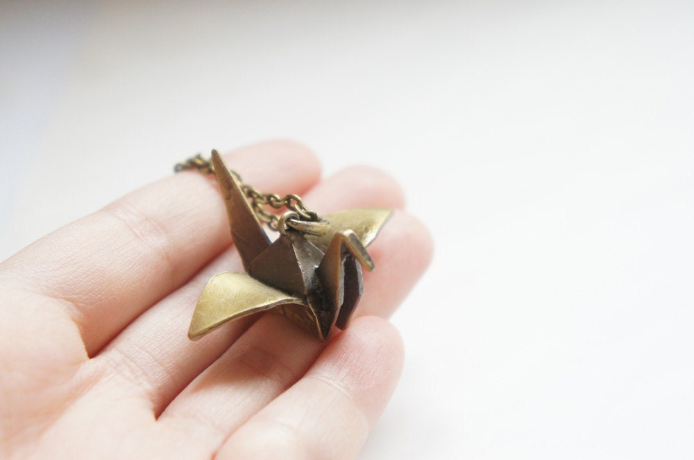 Vintage Style Antiqued Brass Origami Bird Long Necklace
