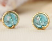 Earrings studs, glass bead blue, nickel free, hypo allergenic, gold plated, iridescent blue bead