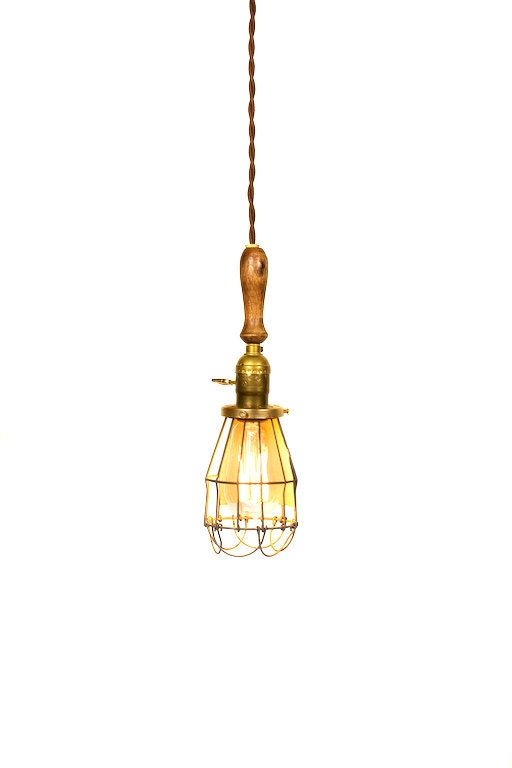 Vintage Farmhouse Wood Handle Caged Trouble Light Pendant ( Brown )