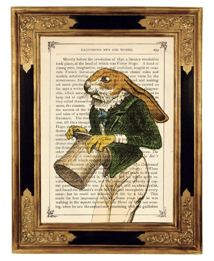 Rabbit Bunny Gentleman in fancy green Frock Coat Portrait  - Vintage Victorian Book Page Art Print Steampunk