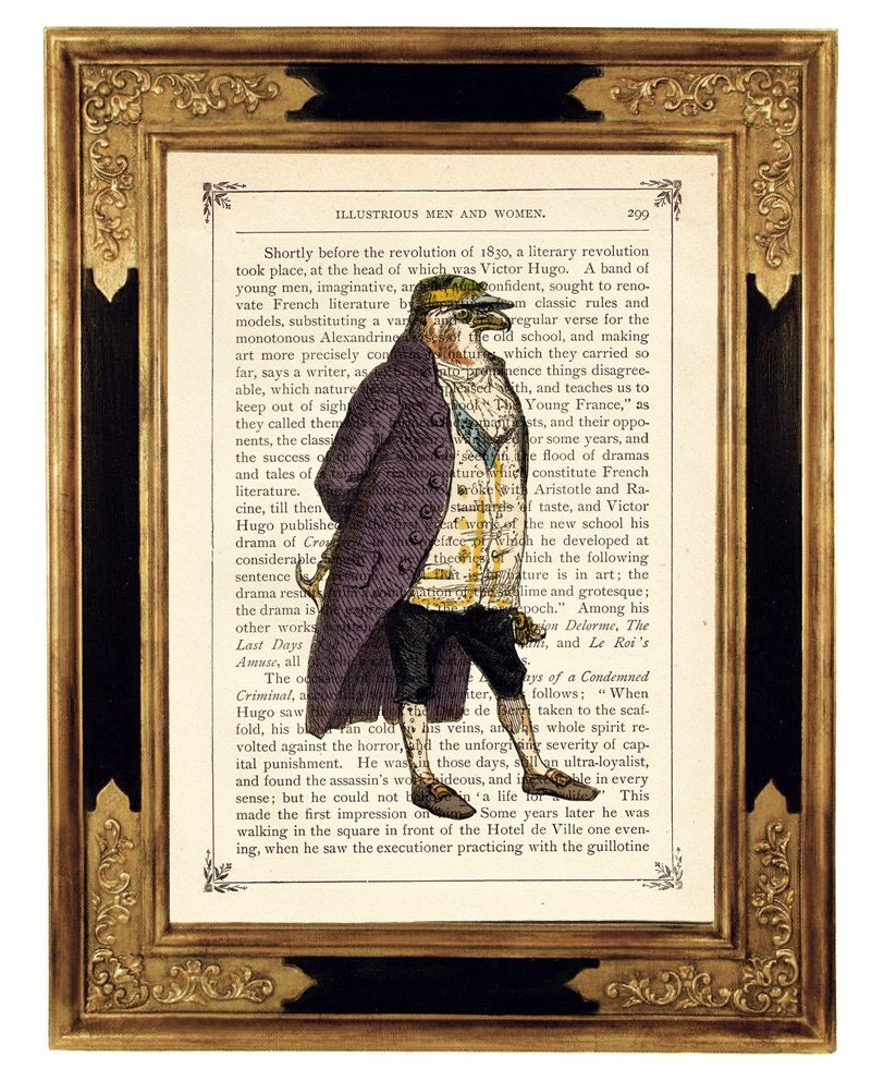 Hawk  Eagle Gentleman in fancy green Frock Coat Portrait  - Vintage Victorian Book Page Art Print Steampunk