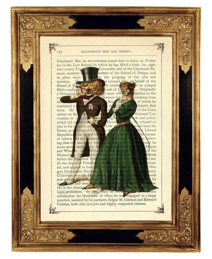 Noble Lion and Lioness Couple Portrait  - Vintage Victorian Book Page Art Print Steampunk