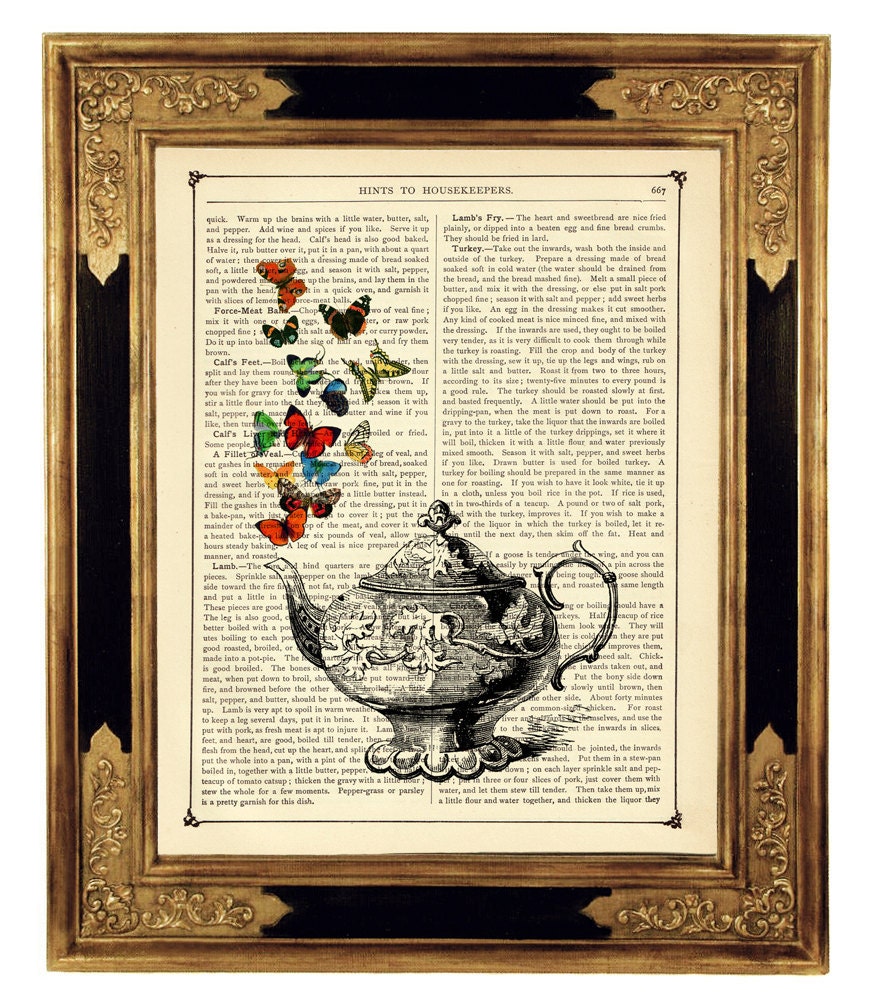 Teapot Butterflies Butterfly - Vintage Victorian Book Page Art Print Steampunk