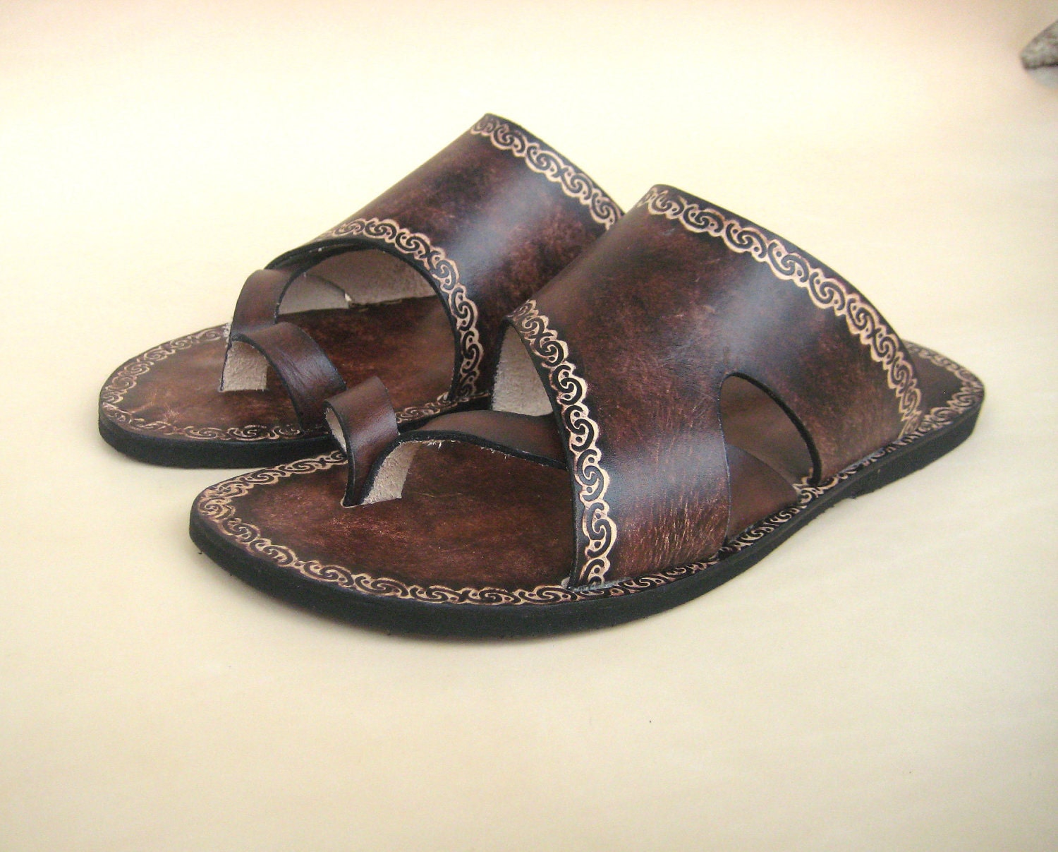 Handcrafted Comfortable Dark Brown Leather Slide Sandals With Design - Victory