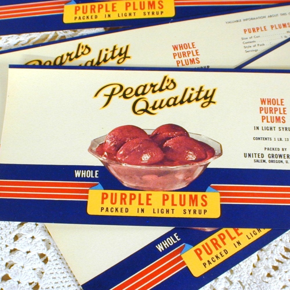 5 Pearls Purple Plums Can Labels 1940s