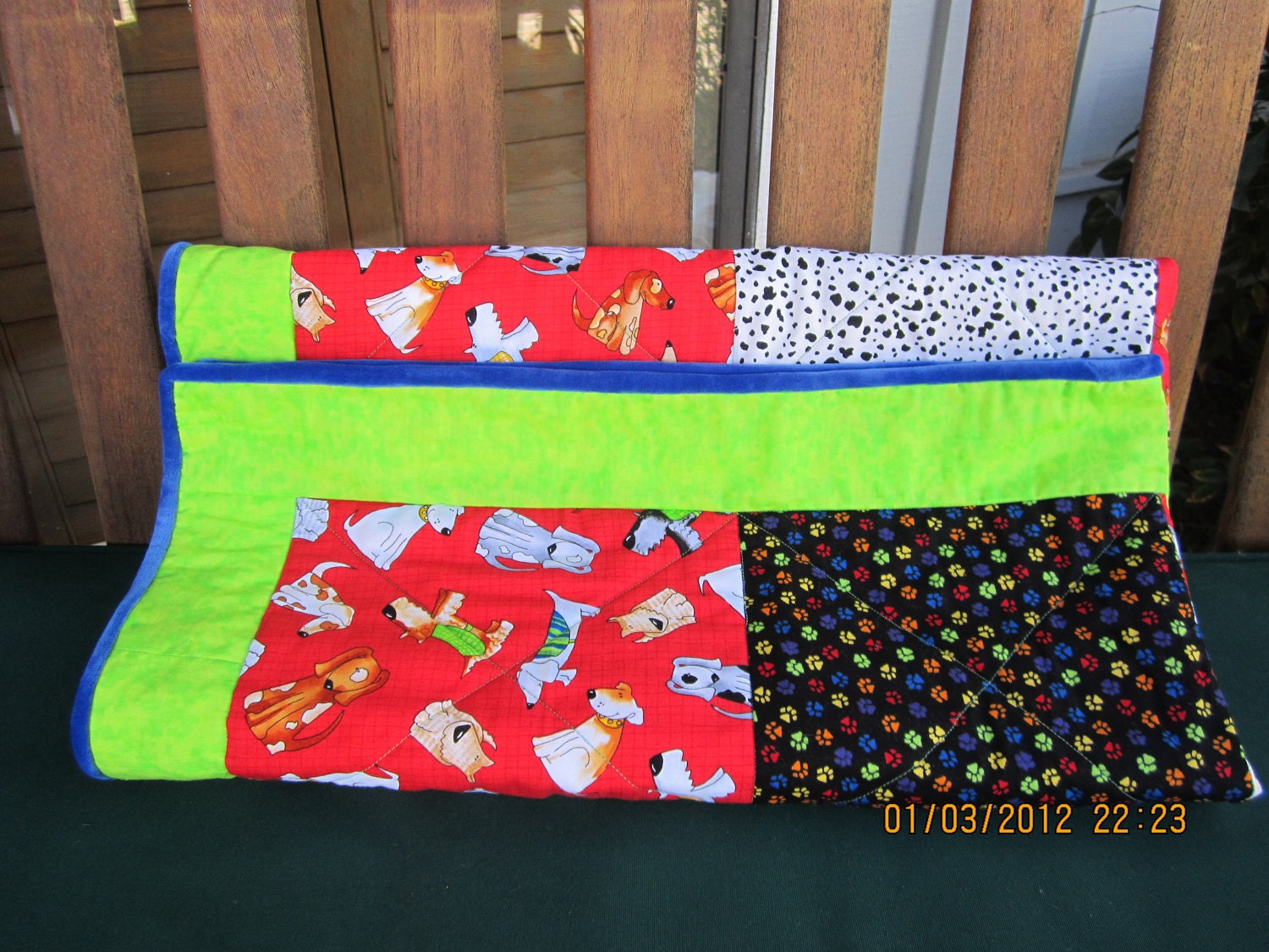 Funny Patchwork Dog Quilt in Red, Black & Green with Terriers, Scotties and Dachshunds 29x41