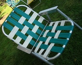 Mid Century Aluminum Folding Lawn Arm Chair Aluminum and Green White Webbing 60s Retro