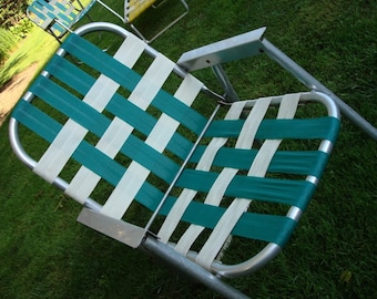 Mid Century Aluminum Folding Lawn Arm Chair Aluminum and Green White Webbing 60s Retro