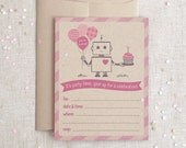 Robot Party Invitations, Set of 12 - Brown and Magenta Pink For Girls, Fill In, Eco Friendly Printed - Birthday Party, Shower