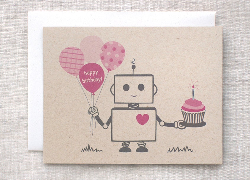 Robot Birthday Card - Pink, Brown, Happy Birthday, Kawaii, Recycled