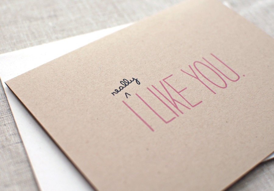 I Like You Card - Cute Valentine Card, Recycled Brown, Pink - Eco Friendly Anniversary Card