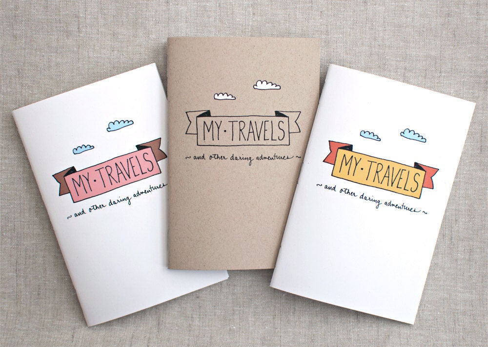 My Travels Journal & Pencil Set, Mini Sketchbook - Hand Drawn, Eco Friendly - Mustard Yellow Orange