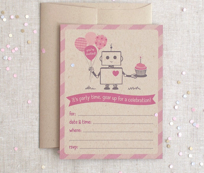 Robot Party Invitations, Set of 12 - Brown and Magenta Pink For Girls, Fill In, Eco Friendly Printed - Birthday Party, Shower
