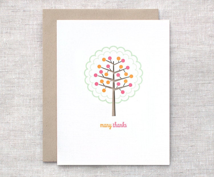 Thank You Card - Paper Cut Linen Recycled Hand Carved Tree - Green, Pink, Orange, Brown