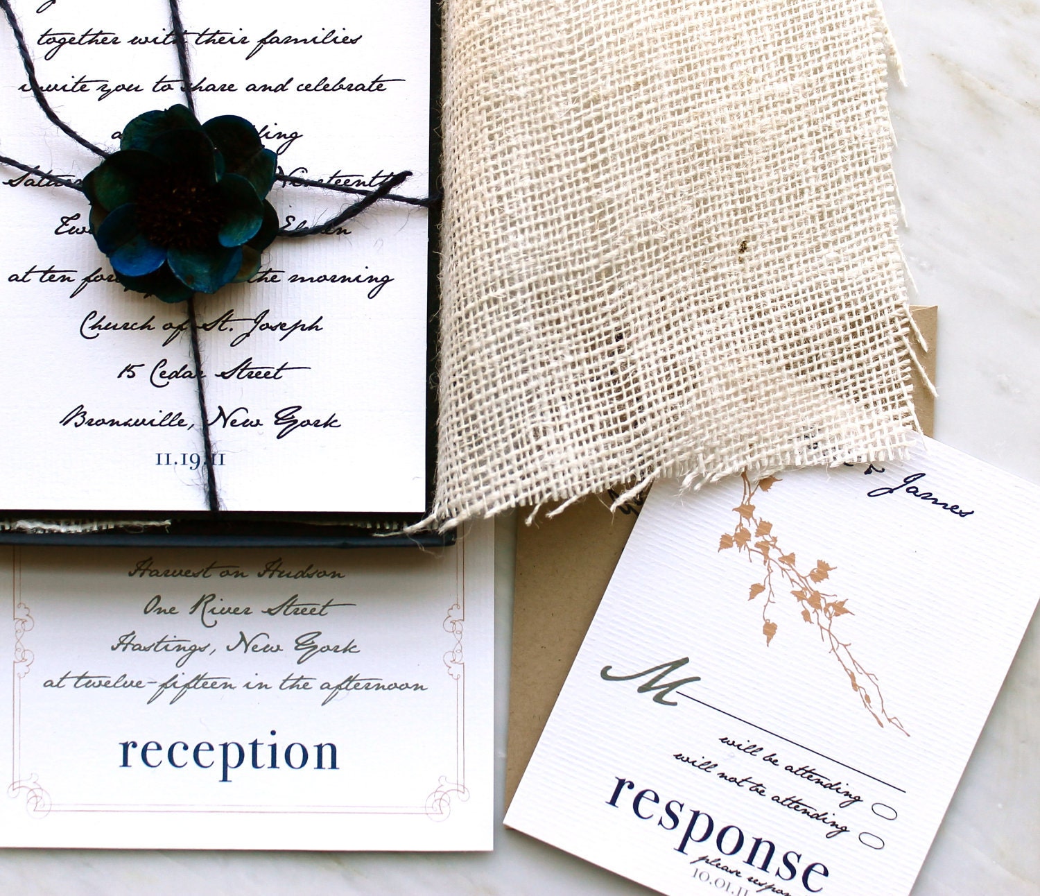 Hand Written Note - Elegant  Boxed Wedding Invitations With Burlap And Flower - Purchase for a Sample