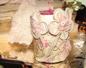 Set of Two Votive Holders with Antique Lace, and Candles