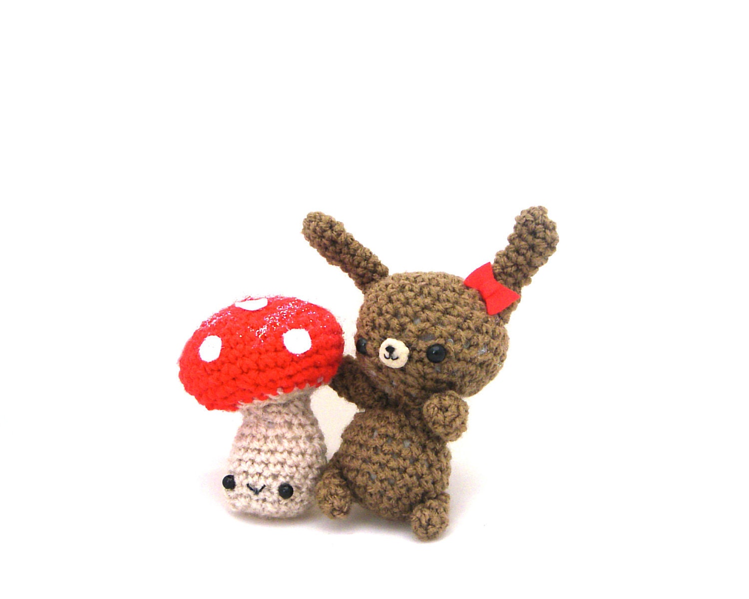 bunny mushroom toadstool glitter plush amigurumi easter basket crochet stuffed animal box gift set red white brown bow OOAK ready to ship