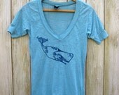 laid back Whale Tshirt, Vneck Tee, Burnout Shirt, Blue Tshirt, S,M,L