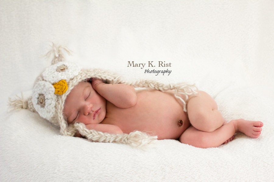 Baby Owl Hat--Beige Soft & Fuzzy Crochet  Newborn Photo Prop or Halloween Costume