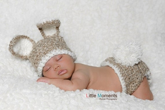 Baby Bunny Hat and Diaper Cover Set-Newborn Easter or Halloween Photo Prop