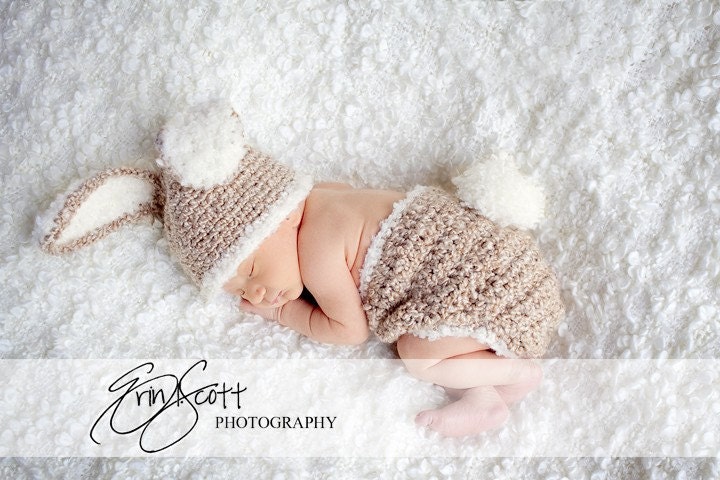 Baby Bunny Hat and Diaper Cover Set-Newborn Easter or Halloween Photo Prop