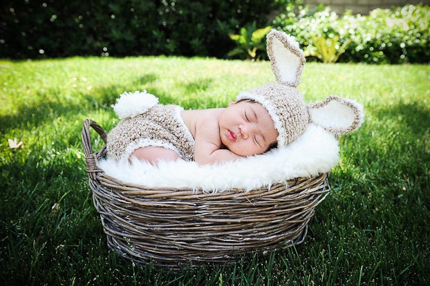 Baby Bunny Hat and Diaper Cover Set-Newborn Easter or Halloween Photo Prop