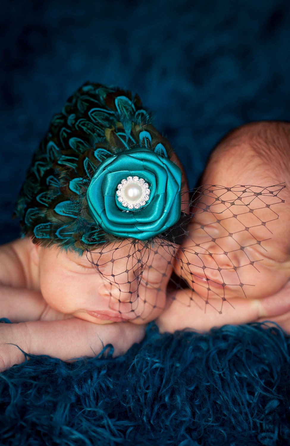 Jade Sky Feather Fascinator Pheasant Pad Headband accented with Vintage Rhinestone Cluster on a Satin Rolled Rose great Photo Prop