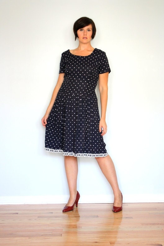 Navy polka dots and lace babydoll - blue-Vintage dress- Up cycled- nautical