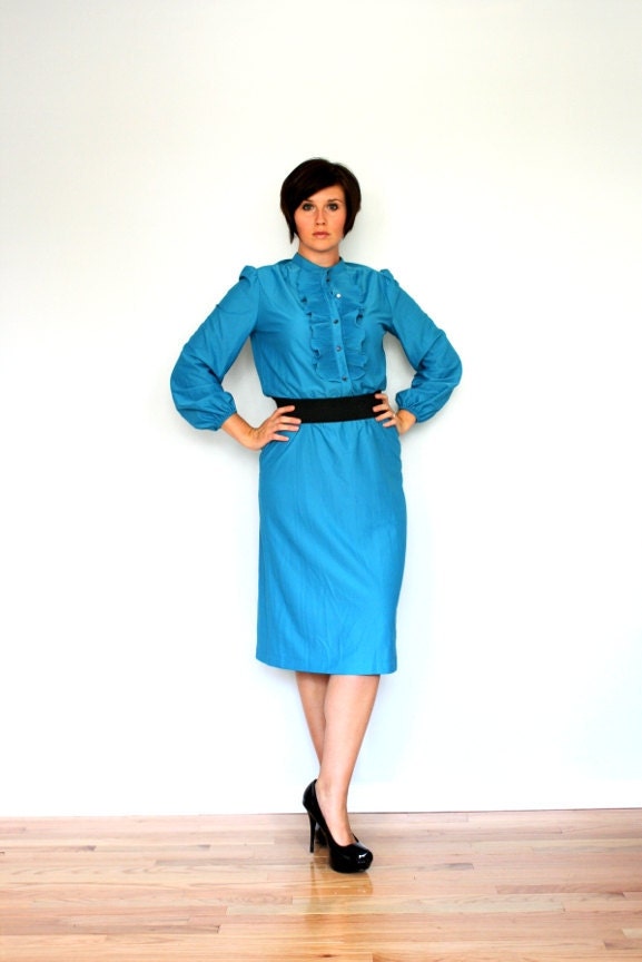 Sale- Teal ruffles- Vintage dress- bright- size large