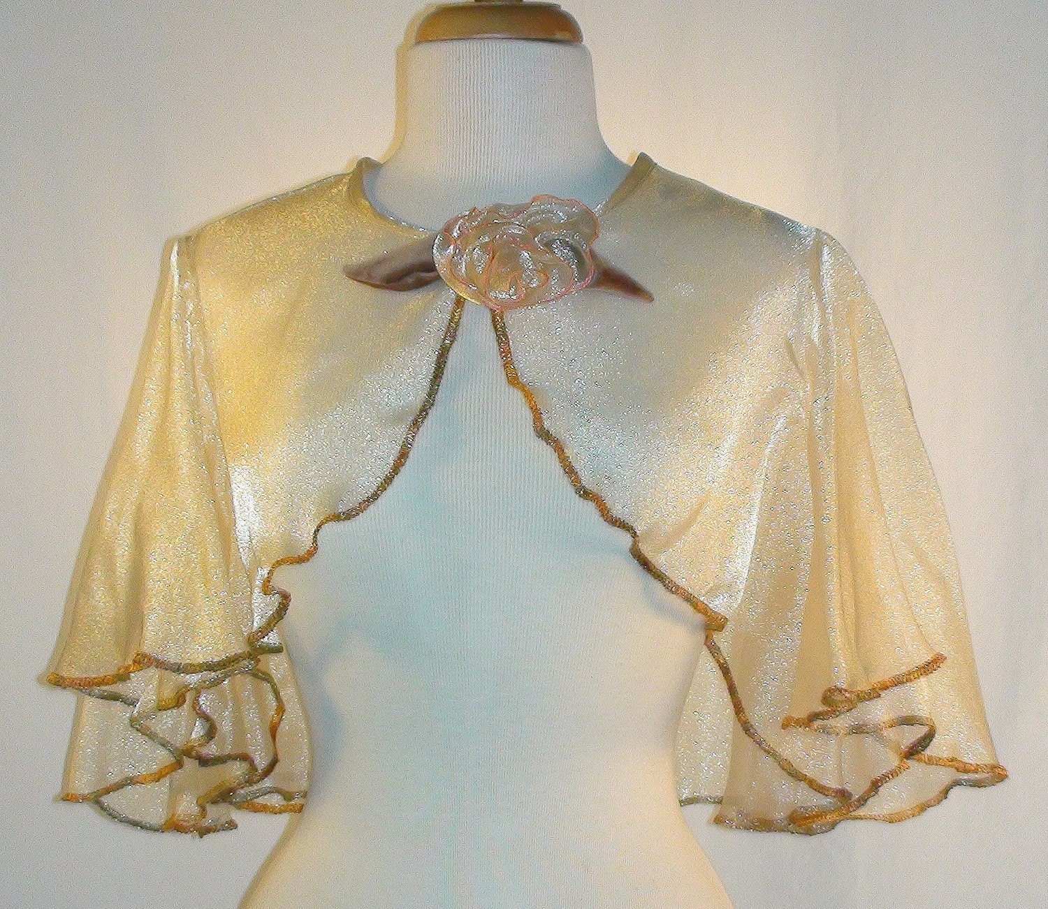 Gold Apricot Art Jacket Swing Coat With Rose in Shimmering Organza by MaryGwyneth Fine Wearable Art