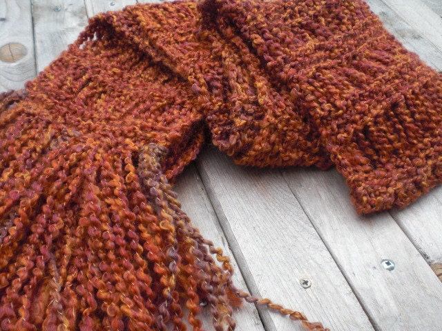 Knit winter scarf / autumn foliage / rust orange / brick red / lush / boho / fringes / extra long / country cottage chic / rustic
